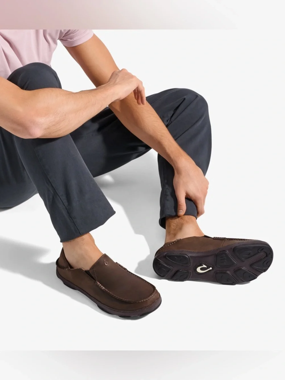 OluKai Moloa Men's Leather Slip-On Loafers Dark Wood Java Brown Size 14
